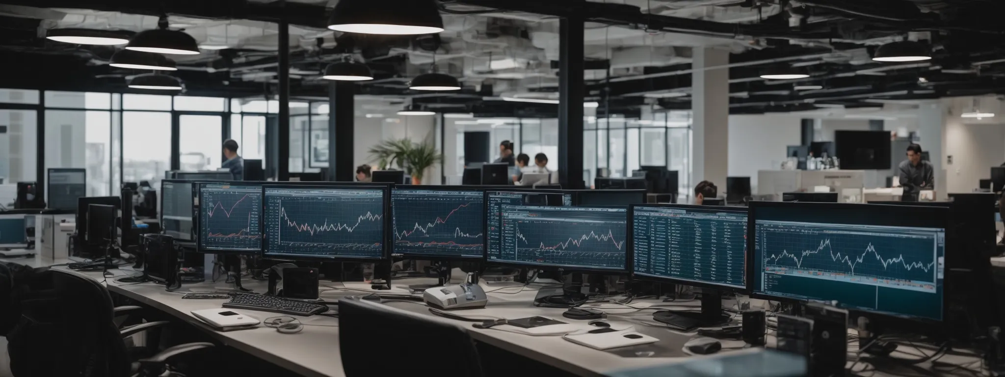 a bustling digital marketing agency with computers displaying analytics and charts, symbolizing LinkGraph's strategic seo operations.