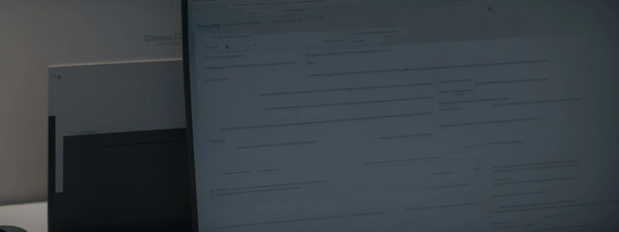 a computer screen displays a search engine results page while a shadow looms over a keyboard, symbolizing the mysterious and risky nature of gray hat seo tactics.