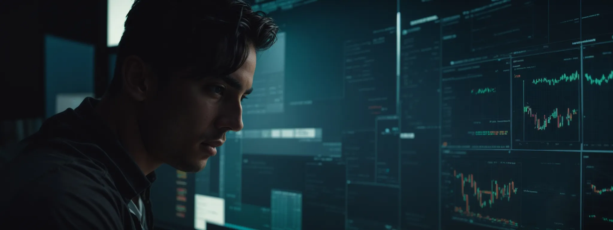 a focused individual gazes at a computer screen reflecting a complex analytics dashboard, symbolizing strategic optimization in e-commerce.