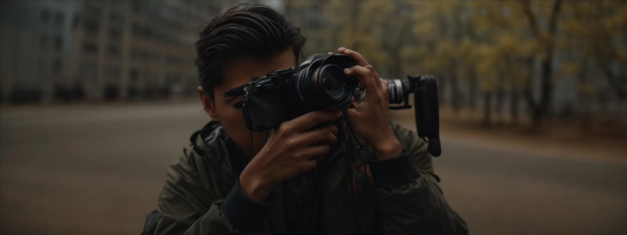 a person peers through a camera's viewfinder, focusing intently on capturing a compelling photograph.