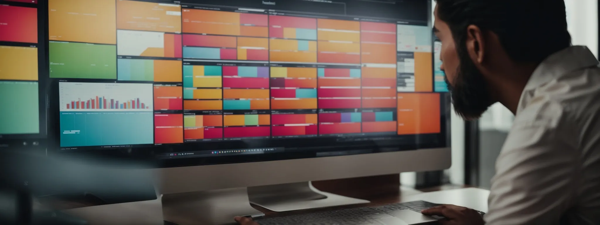 a marketer reviews colorful pie charts and bar graphs on a computer screen, strategizing seo tactics.