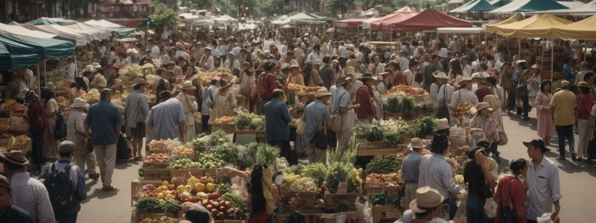 a bustling local farmer's market crowded with vendors and shoppers, epitomizing community engagement.
