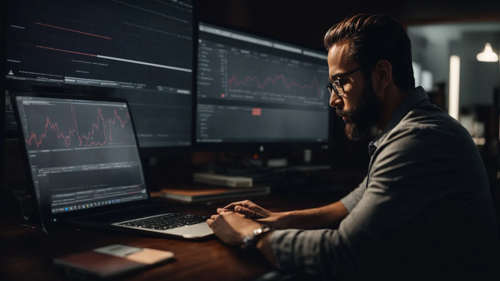 a digital marketer reviews a graph on a computer screen highlighting website traffic and conversion metrics.