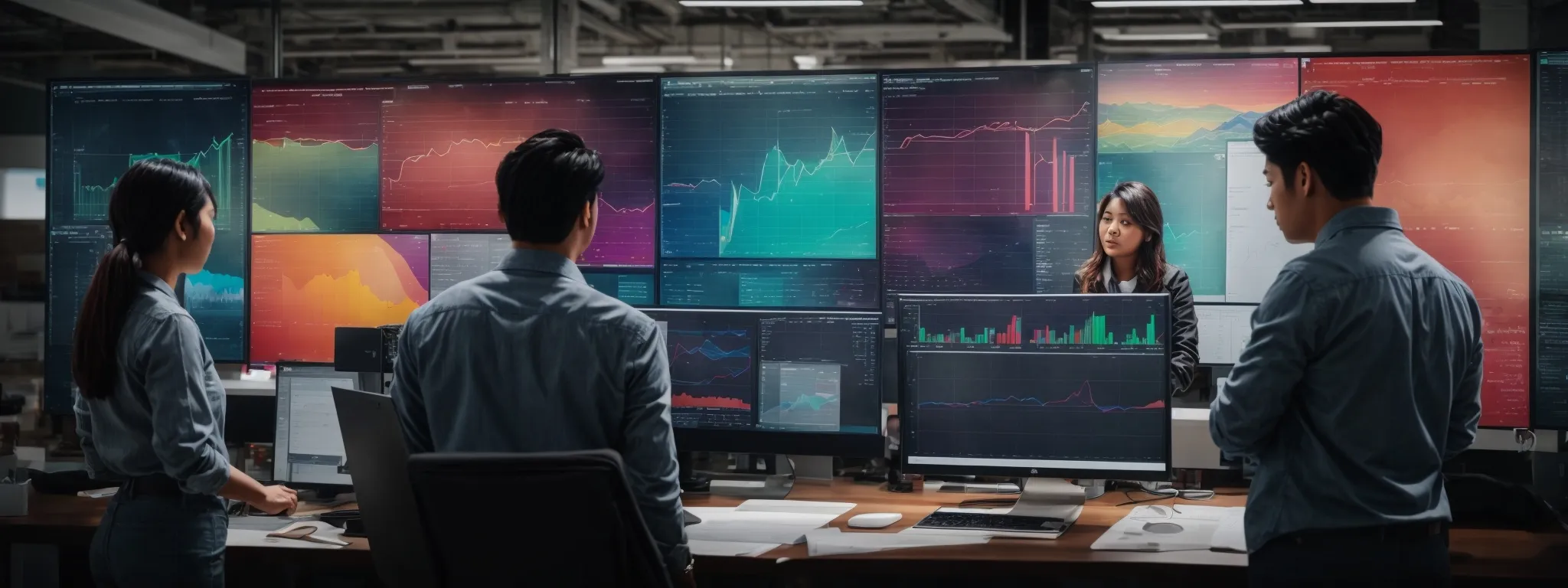 a dynamic team of professionals intensely scrutinizing large displays filled with colorful charts and graphs, reflecting the impact of their latest digital marketing campaign.
