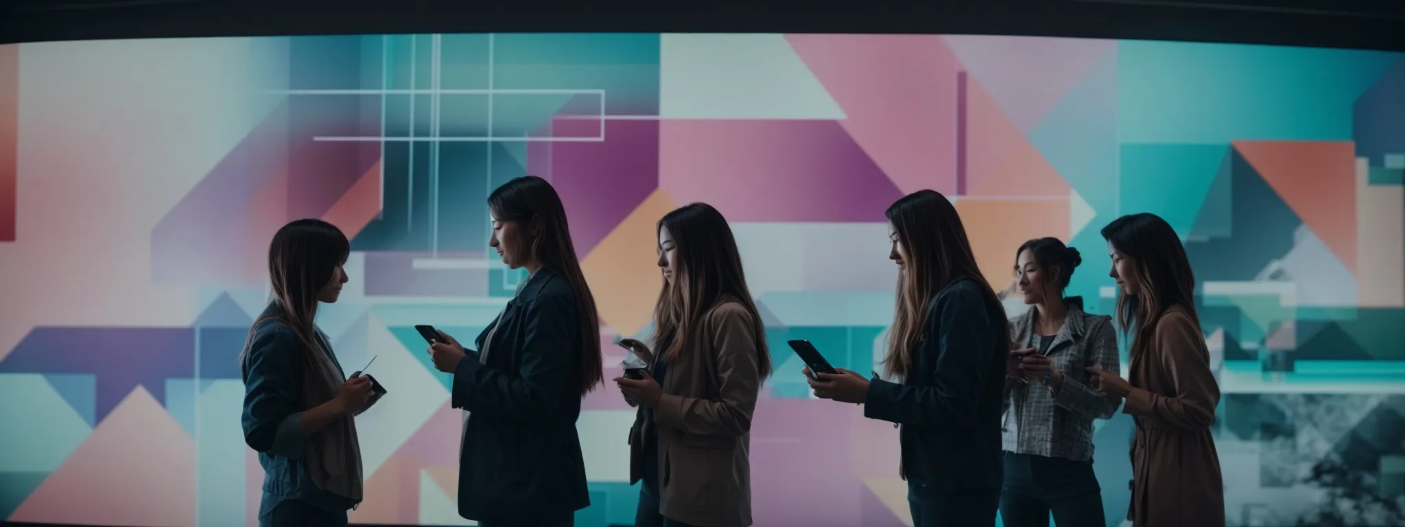 a group of engaged users collaboratively interacting with a vibrant touchscreen interface.