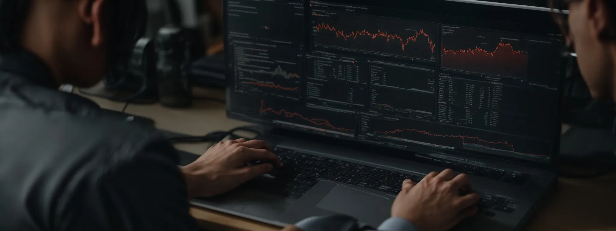 a professional studies analytics on a computer screen, methodically adjusting strategies to optimize search engine rankings.