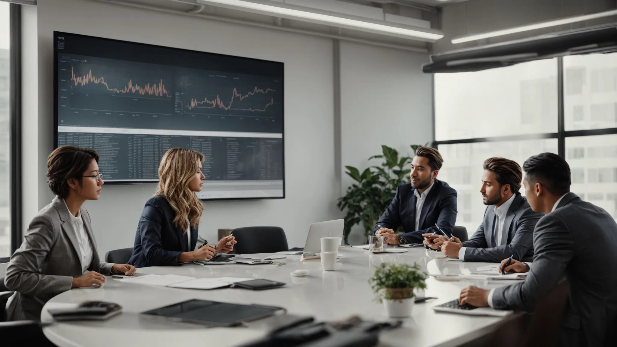 a group of professional marketers discussing strategies around a conference table with laptops and a whiteboard displaying website analytics.
