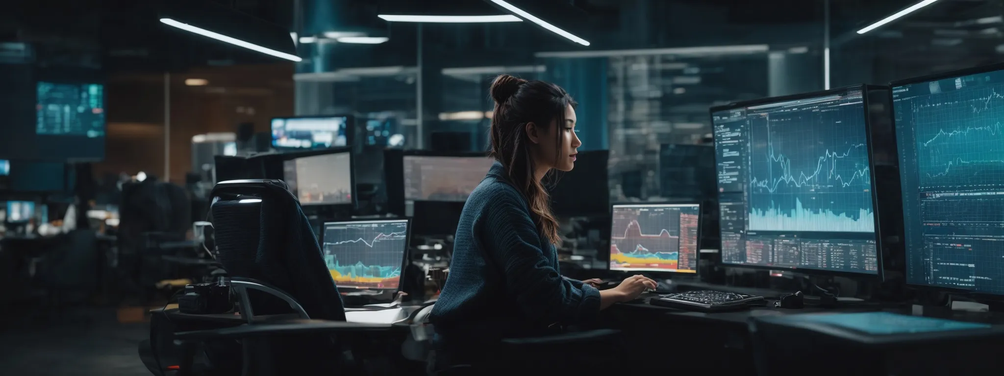 a person sitting at a futuristic workstation with multiple screens displaying analytics and seo metrics.