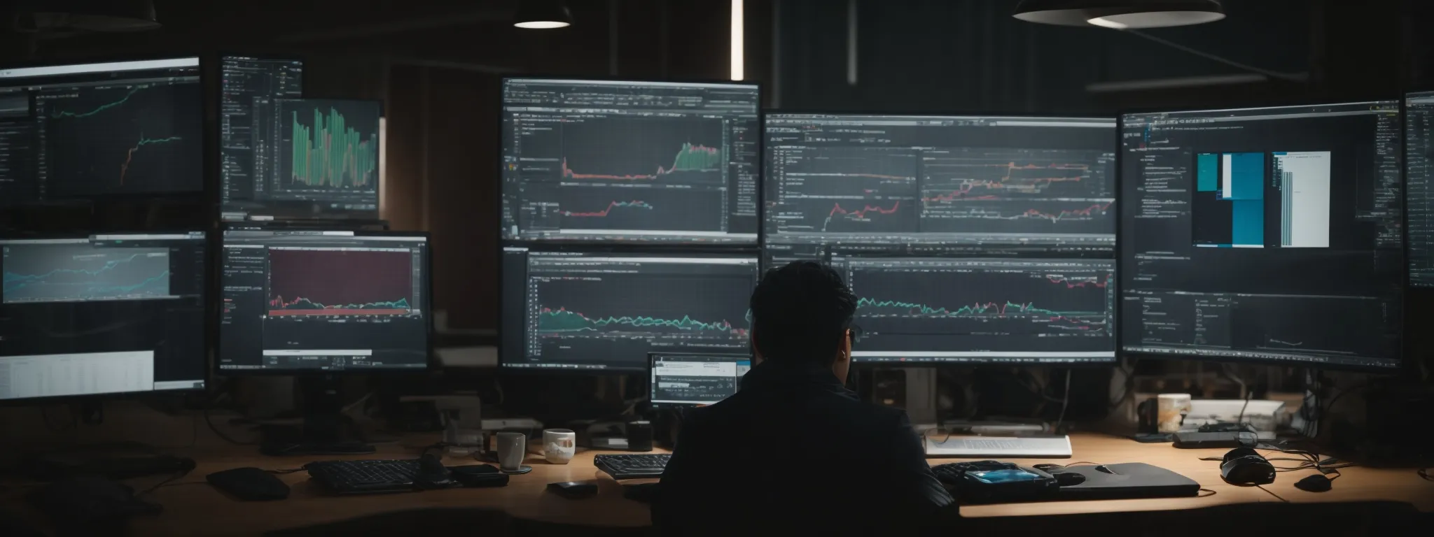 a person sitting at a computer with multiple browser tabs open displaying analytics and content planning tools.