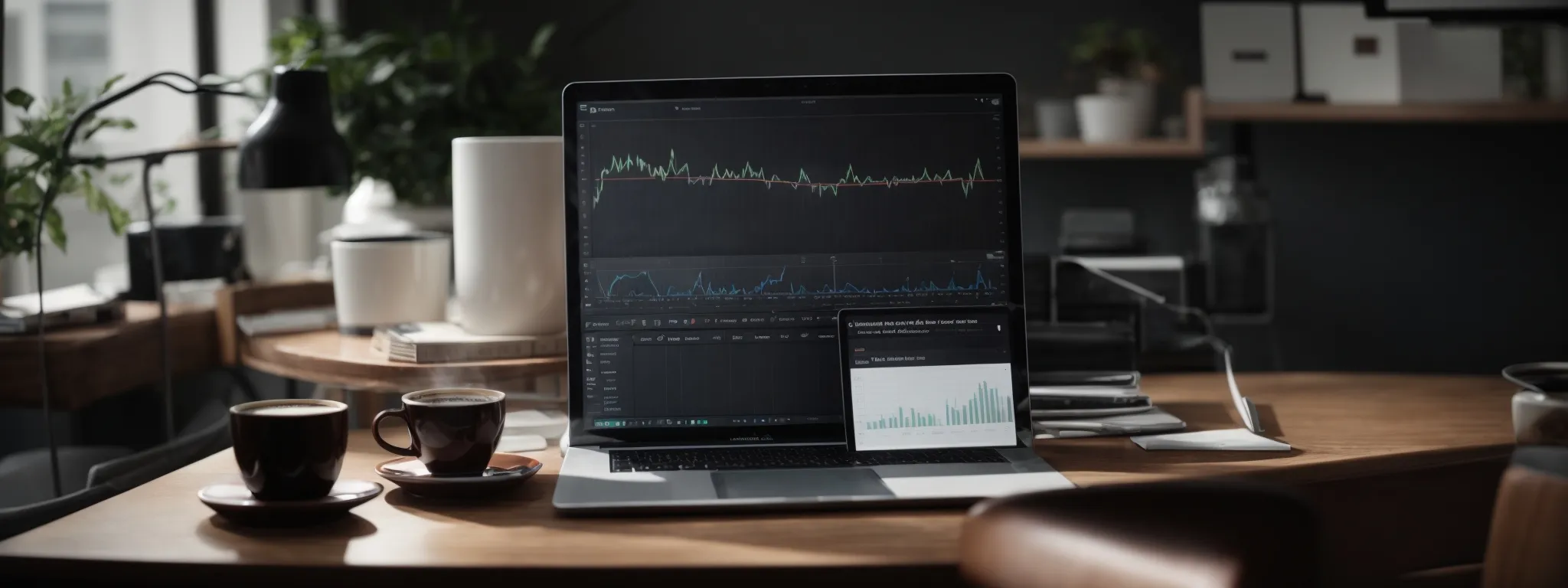 a laptop displaying charts and graphs while positioned on a desk next to a coffee cup.