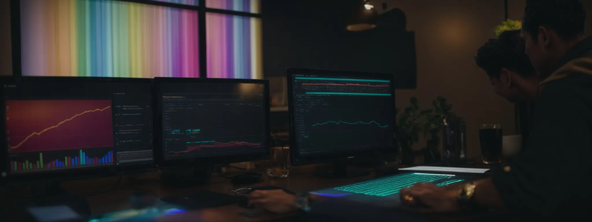 a person intently views a computer screen displaying a colorful dashboard with website seo analytics and an open application for editing meta tags.