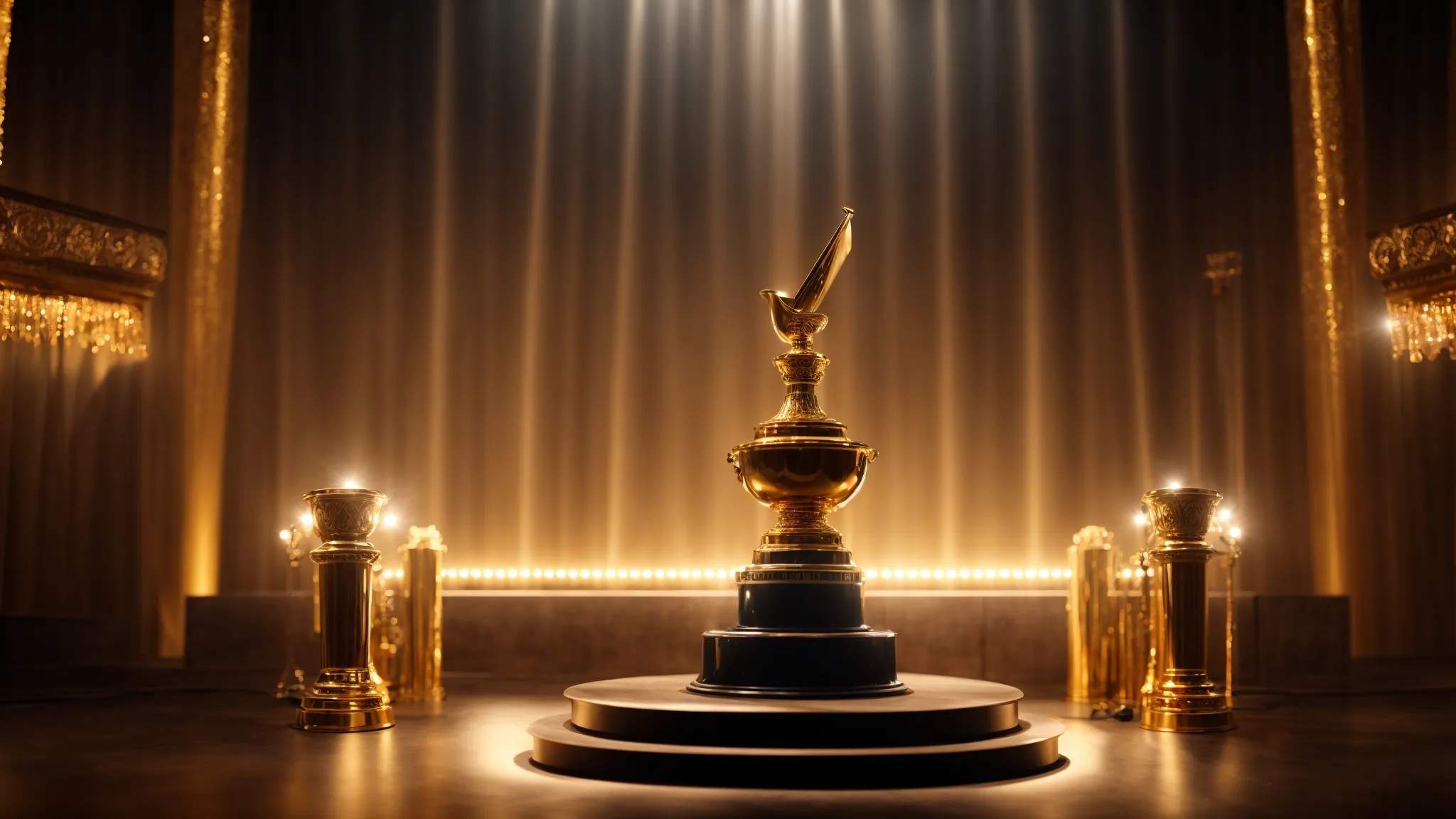 a majestic podium with a gleaming golden trophy illuminated by a spotlight on a grand stage, symbolizing victory in enterprise seo.