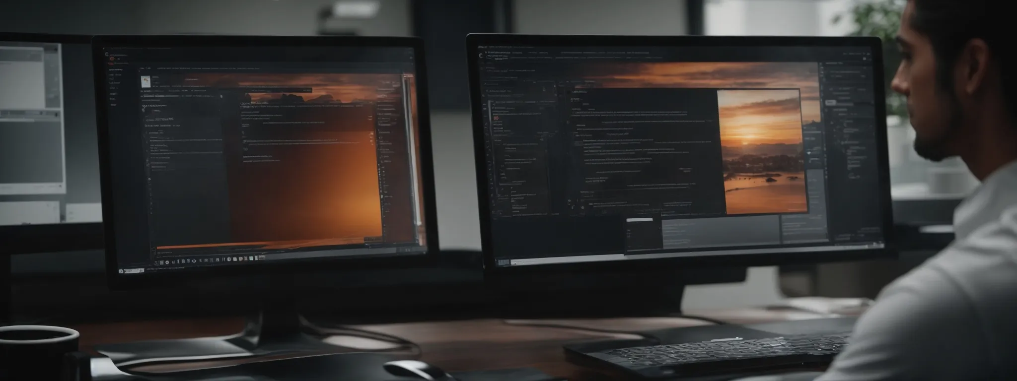 a web designer intently scrutinizes the interface of a modern, sleek website on a computer monitor, ensuring both engaging content and seo optimization.