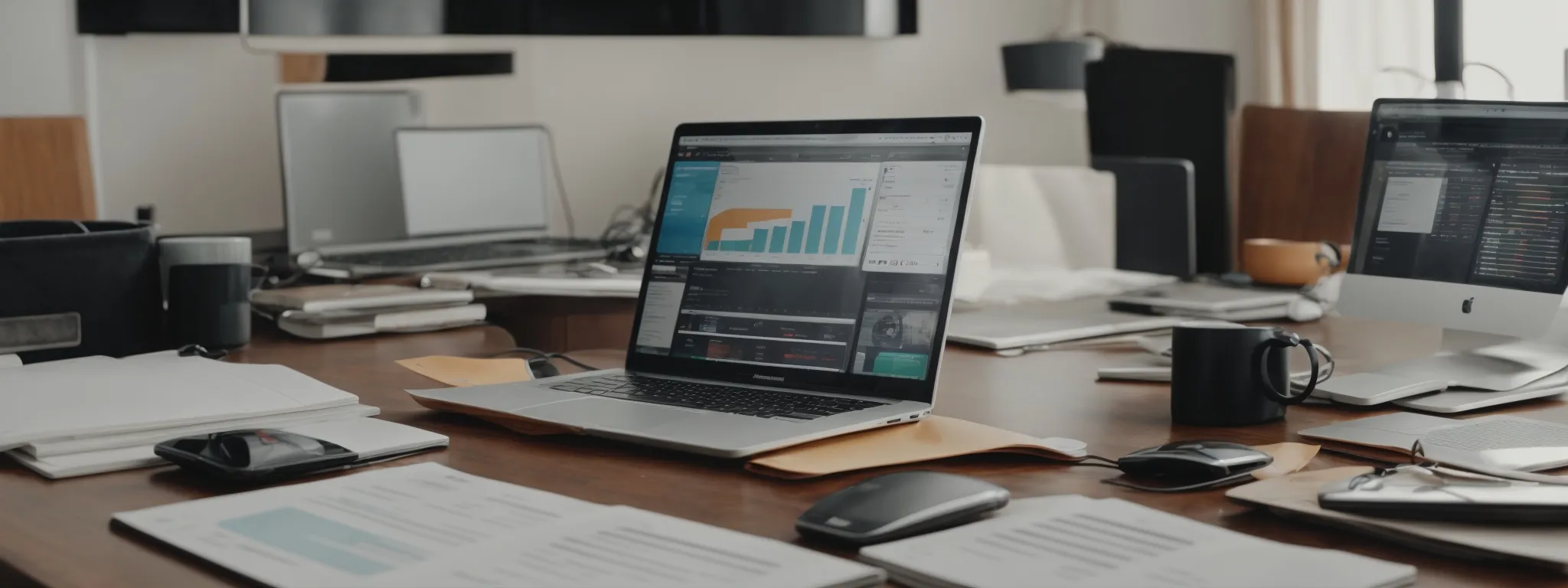 a laptop with a marketing dashboard on screen surrounded by marketing strategy documents.