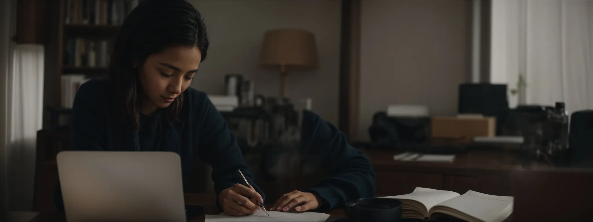 a candidate thoughtfully composing a thank-you email in a serene home office, reflecting on their recent interview.