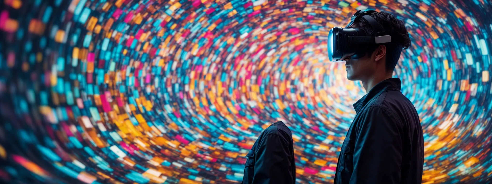 a person with virtual reality goggles is surrounded by a swirl of colorful abstract data and icons representing various digital marketing channels.