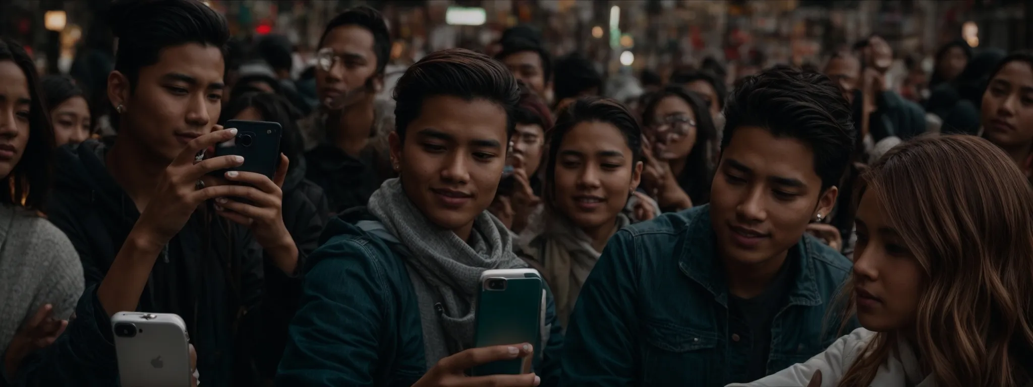 a person taking a selfie with a smartphone, surrounded by a few attentive followers in a casual setting.