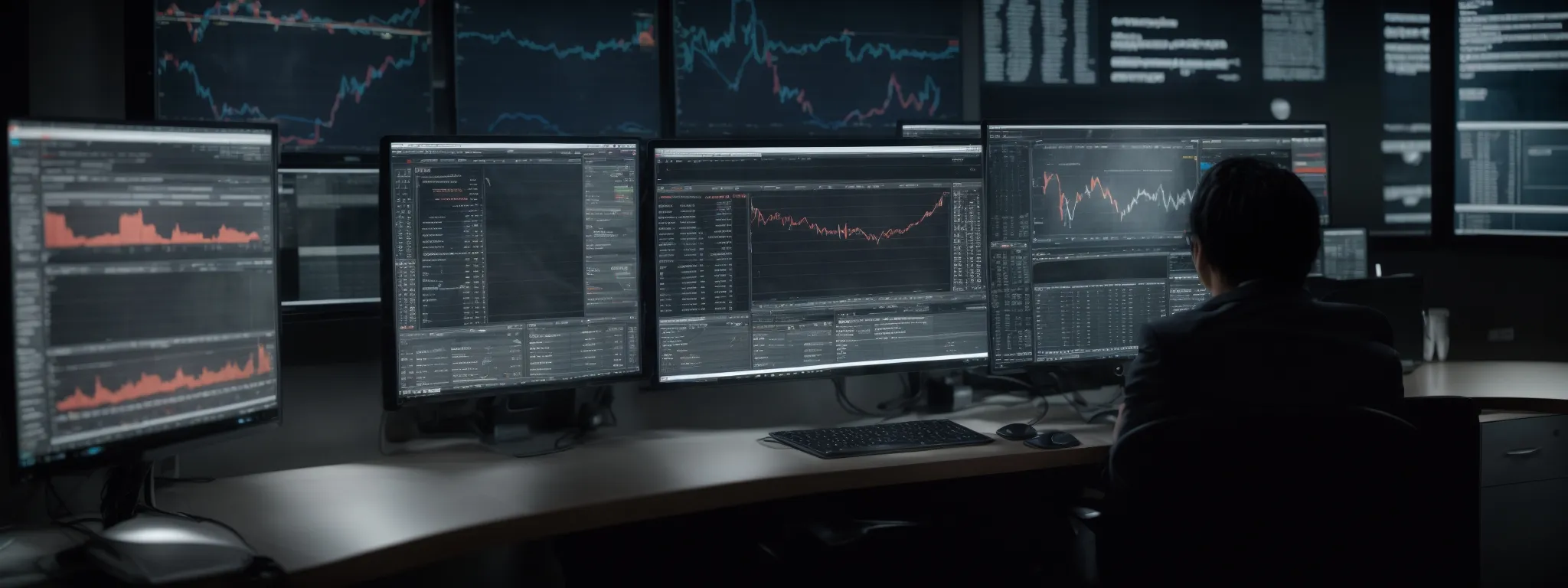 a person at a desk with multiple computer screens displaying graphs and analytics for website optimization.