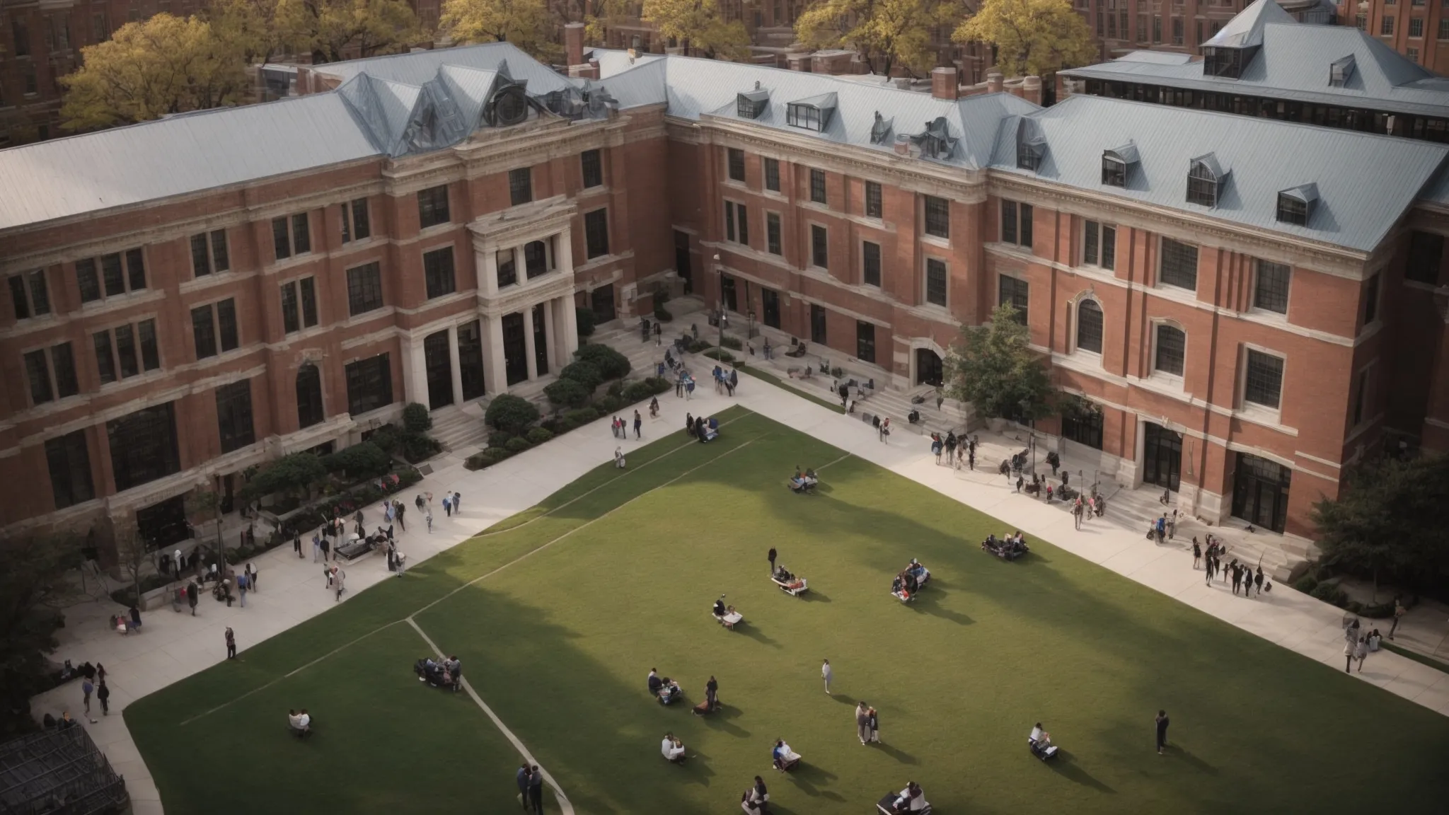 a bustling college campus with students using laptops and smartphones on the quad, surrounded by iconic school buildings.