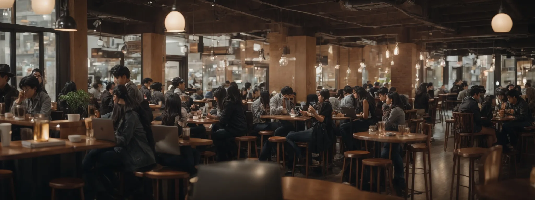 a bustling café filled with patrons interacting with their smartphones and laptops, symbolizing active engagement on social media platforms.