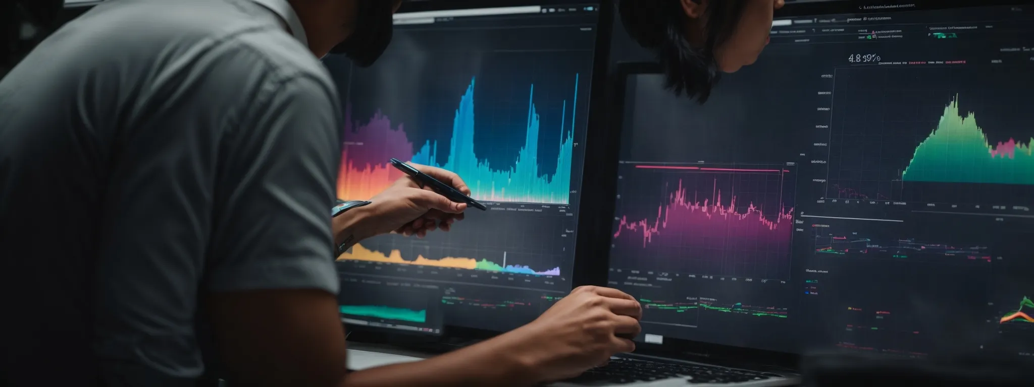 a professional analyzing multicolored charts and graphs on a modern digital interface to optimize website performance.