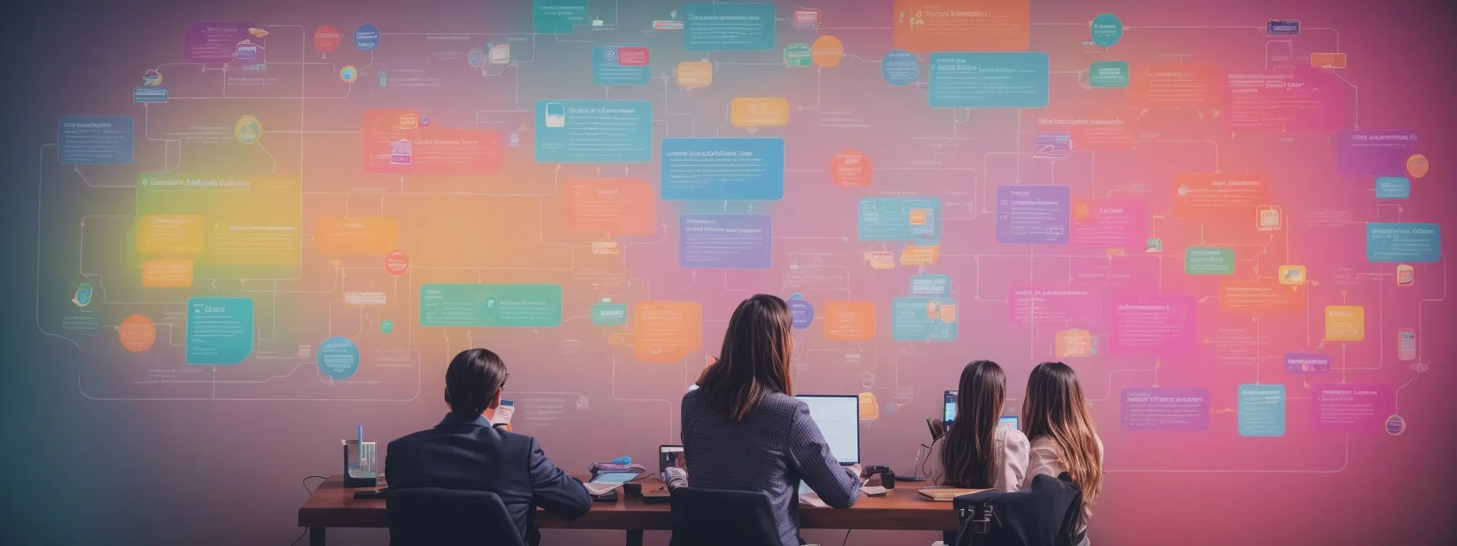 a digital marketing team analyzes a colorful flowchart representing various customer touchpoints on multiple advertising platforms.