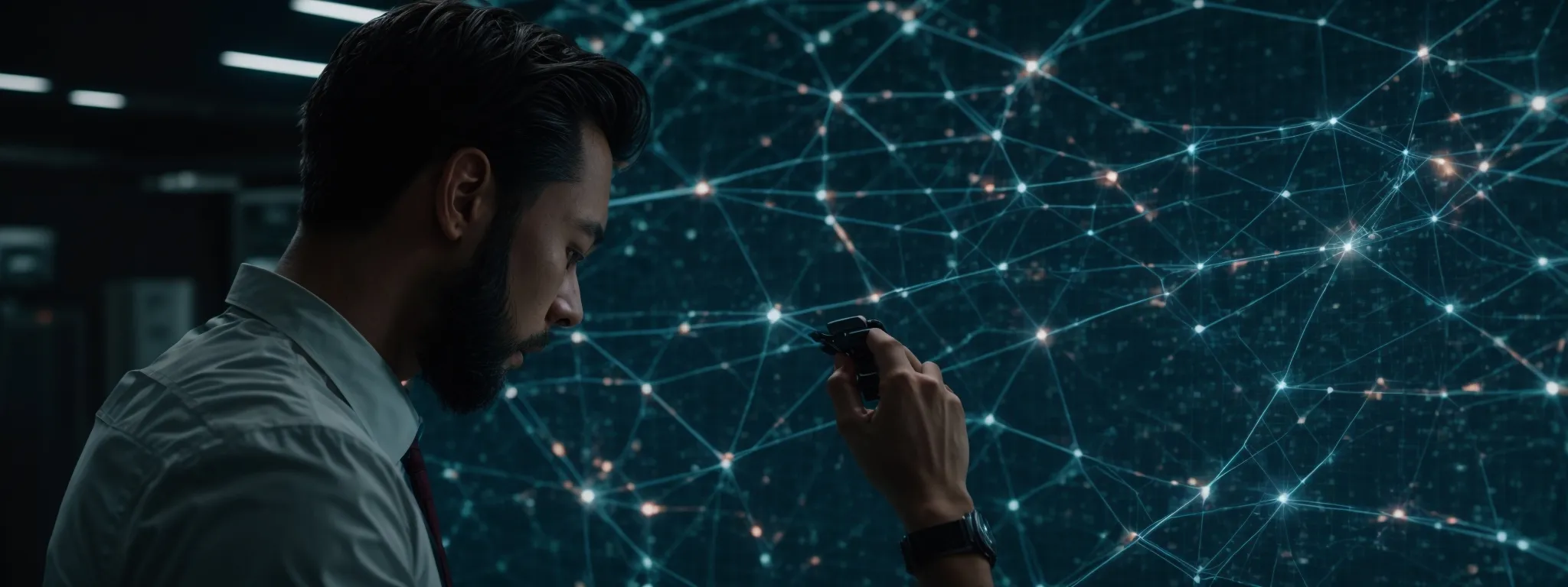 a professional examining a complex web of interconnected nodes on a digital screen, symbolizing a strategy session focused on seo and link analysis.