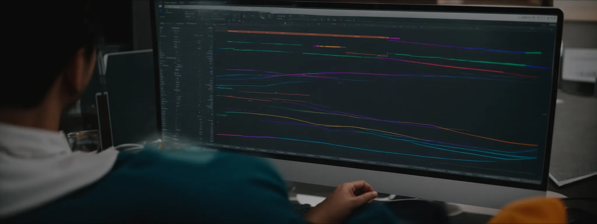 a person reviewing colorful charts and graphs on a computer screen, with an open spreadsheet application visible.