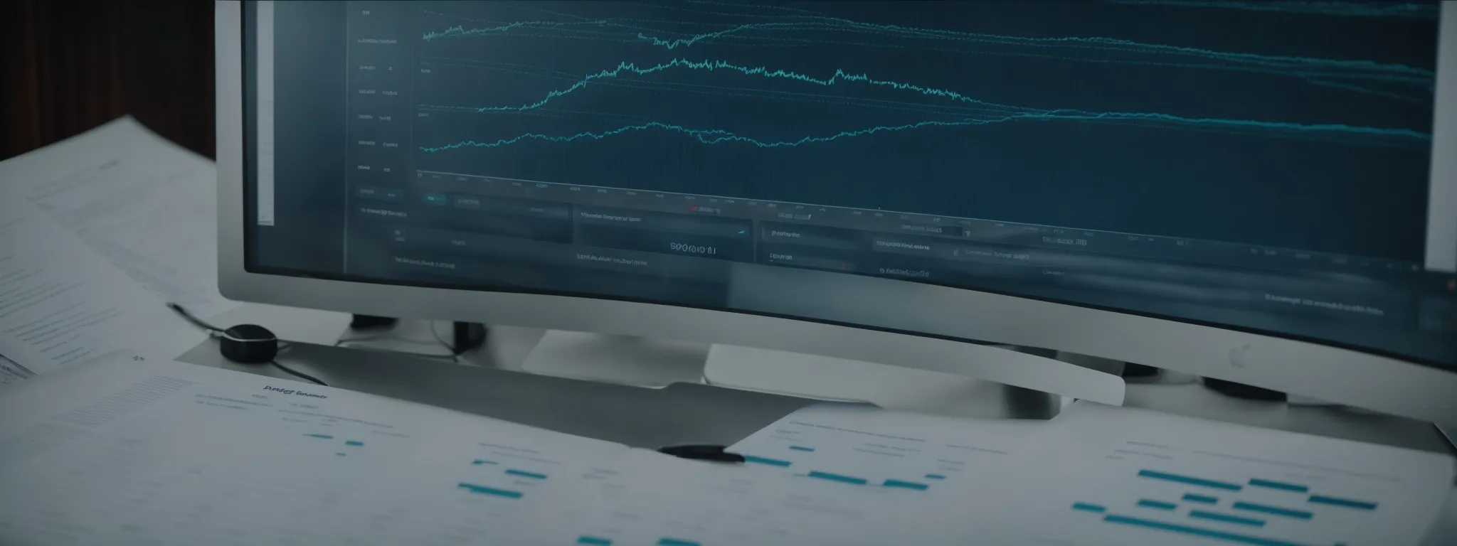 a computer screen displaying an analytics dashboard with a magnifying glass on a graph, symbolizing seo strategy analysis.