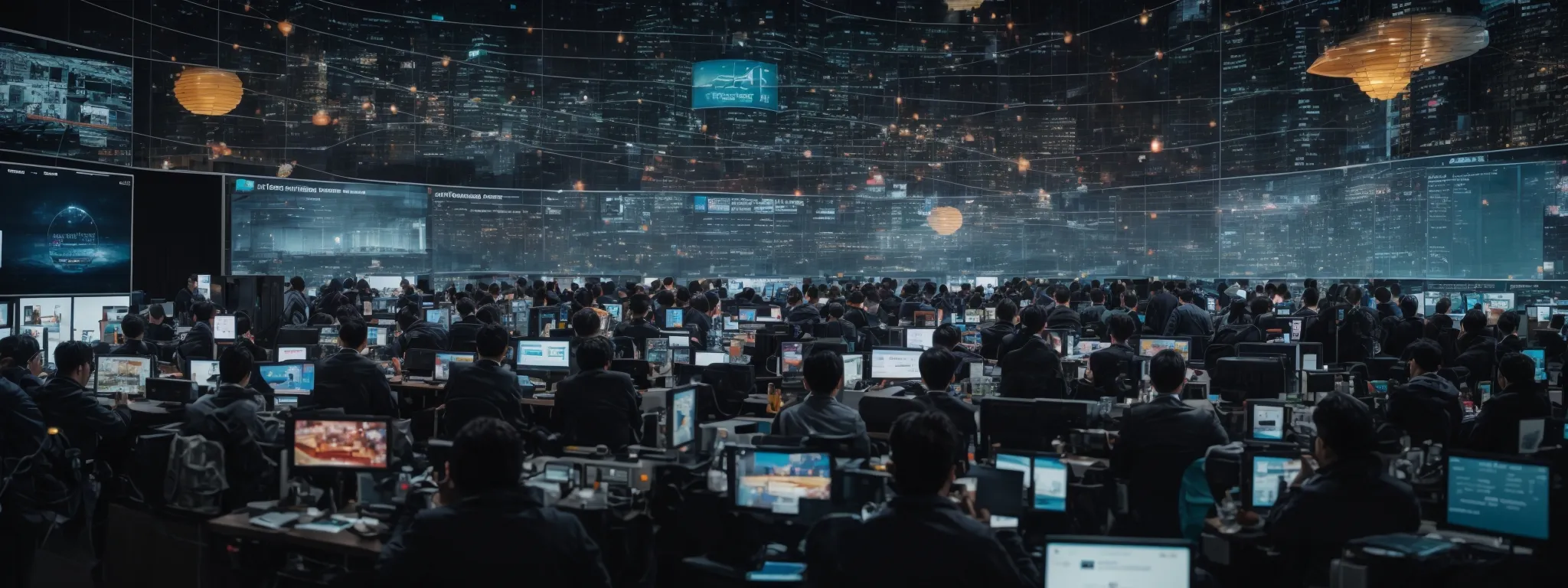 an expansive network of interconnected devices displaying marketing analytics and campaigns on screens.
