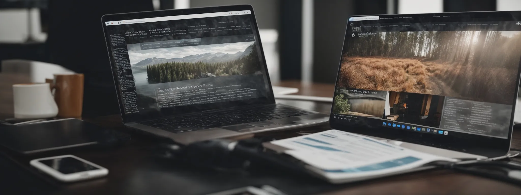 a web developer optimizes a mobile website's interface on a smartphone screen amidst seo and html code printouts.