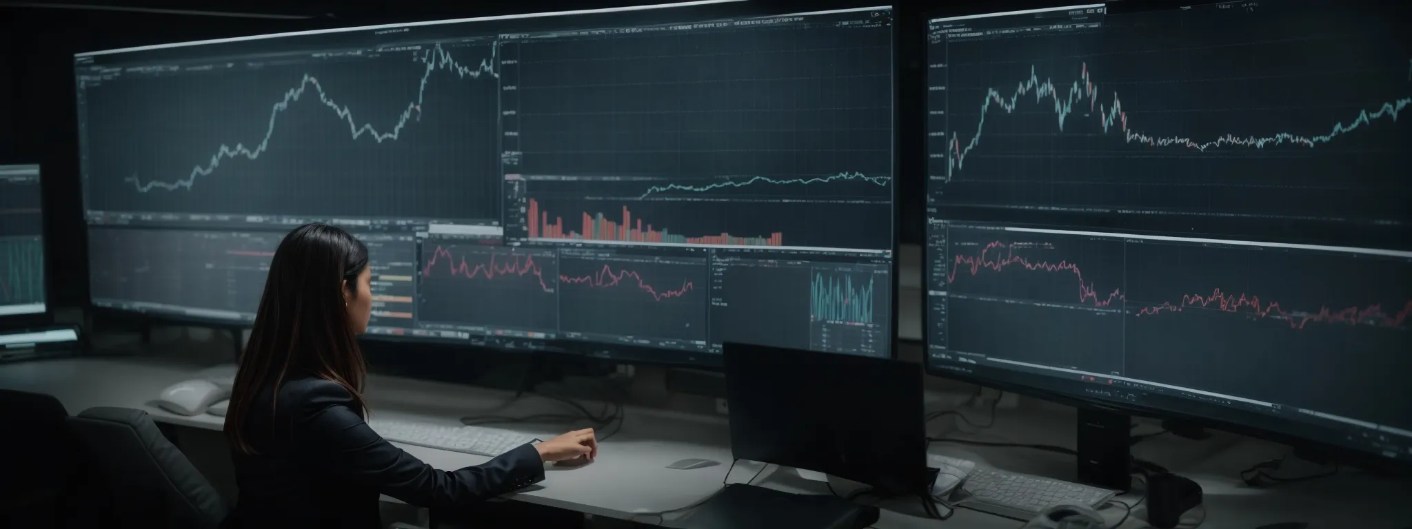 a businesswoman is reviewing growth charts on a computer screen, symbolizing data analysis for seo investment returns.