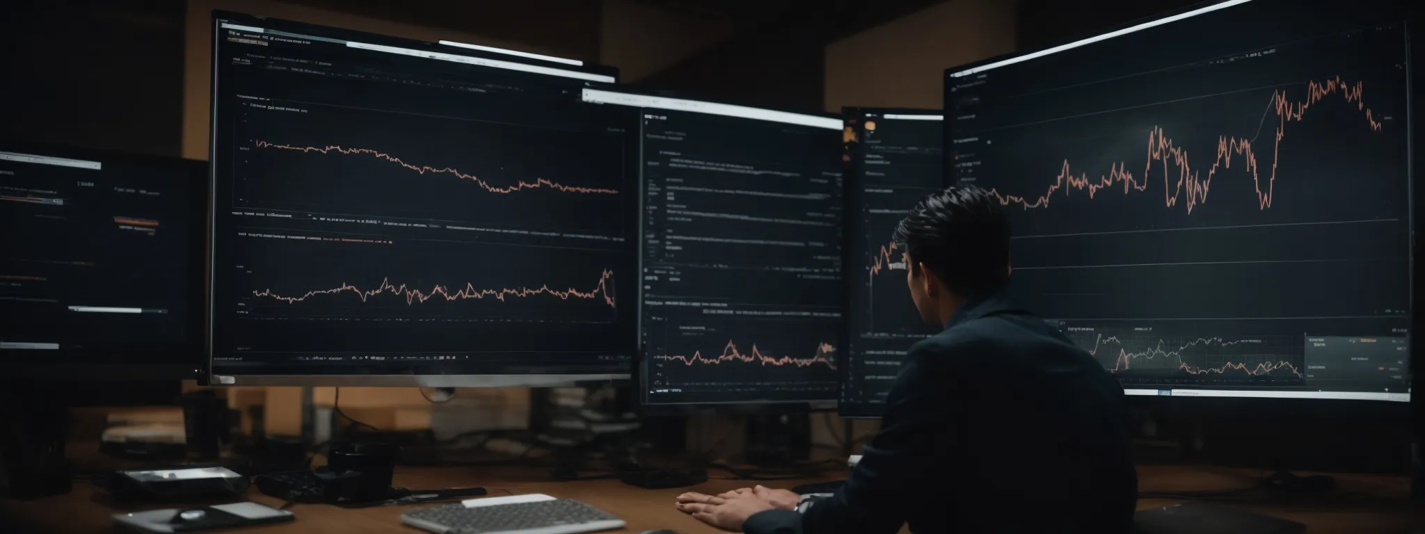 a marketer analyzes website traffic growth charts on a computer screen, reflecting the triumph of a robust seo strategy.
