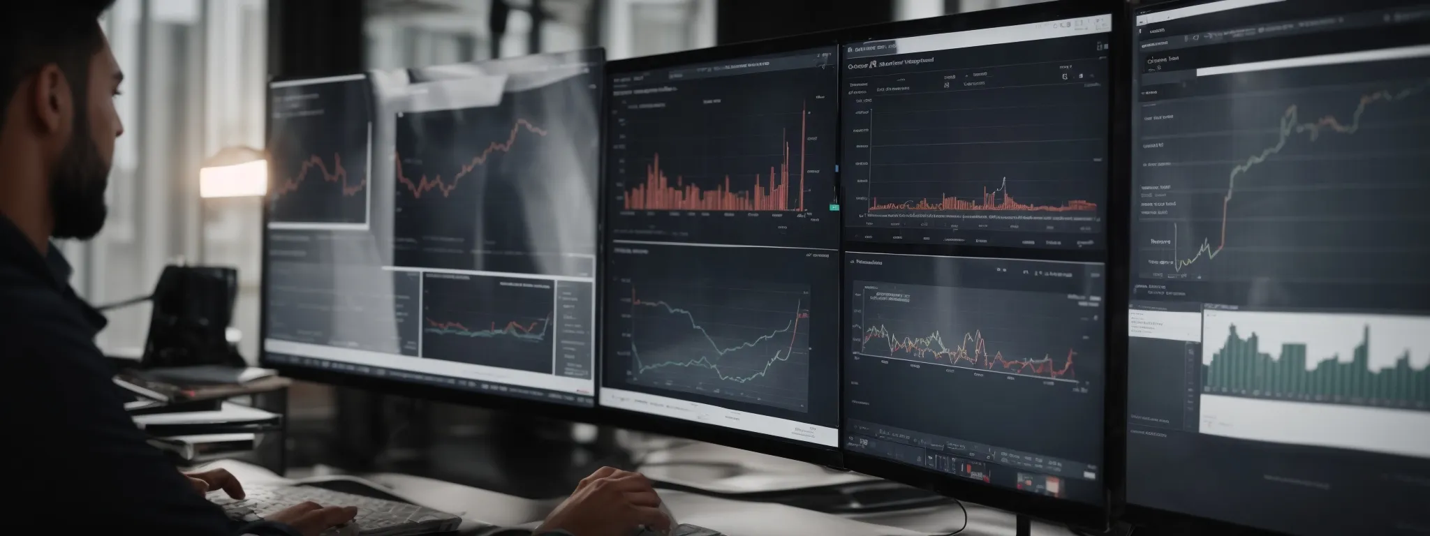a digital marketing team analyzes graphs on a large monitor showing ppc campaign results alongside seo keyword rankings.