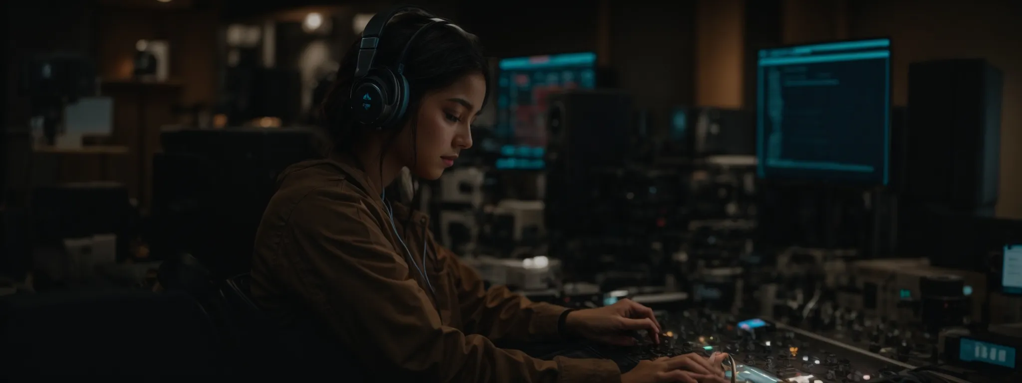 an influencer with headphones intently listens to a podcast while interacting on a smartphone, surrounded by broadcasting equipment.