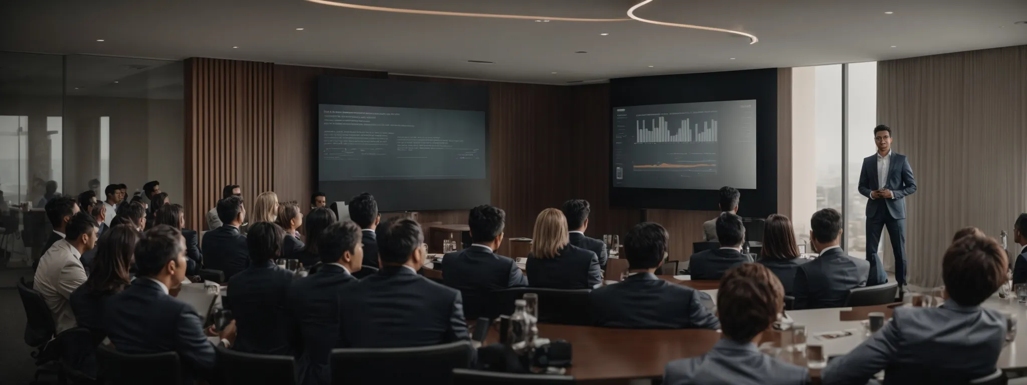 a professional digital marketing consultant is presenting a strategy on a screen to a group of attentive business executives in a modern conference room.