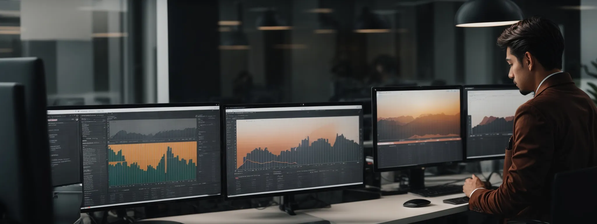 a young professional is attentively studying an seo analytics dashboard on a computer screen in a modern office.