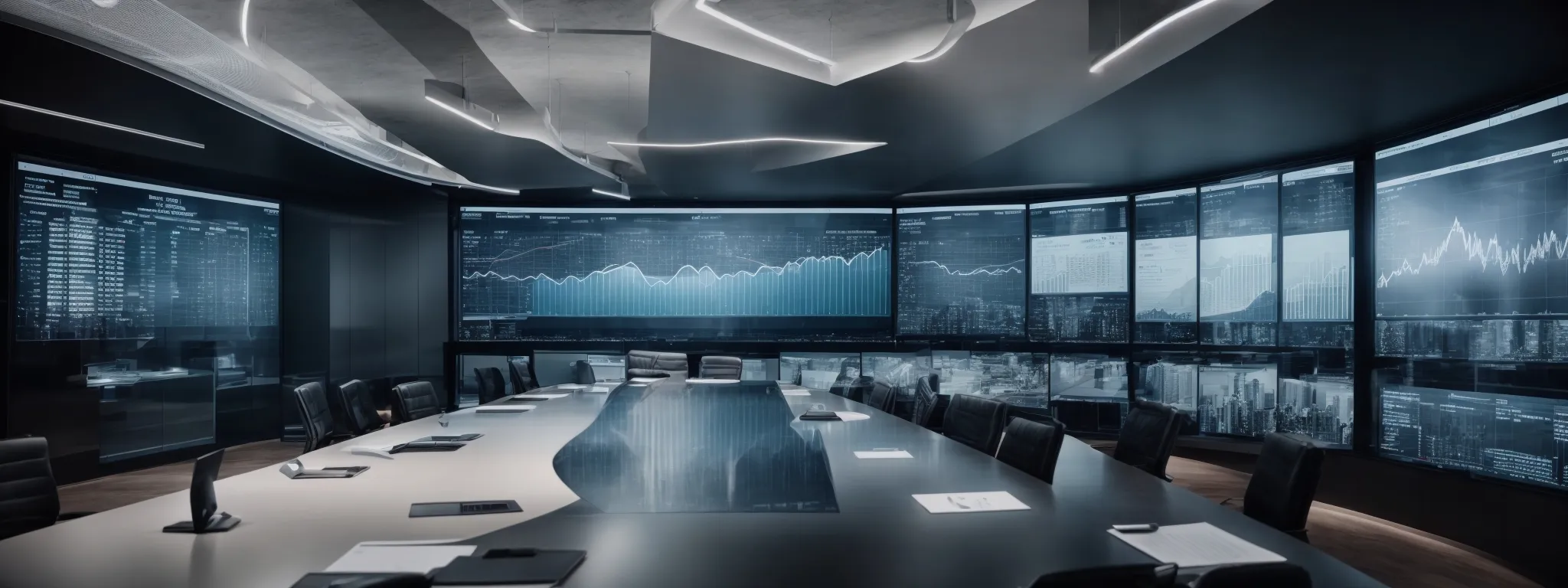 a panoramic view of a modern corporate boardroom filled with high-tech digital screens displaying graphs and analytics.