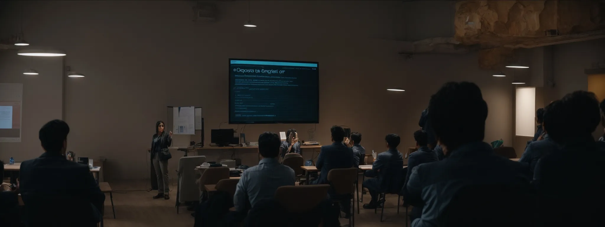 a person presenting to a group in a workshop focused on seo principles, with a large monitor displaying a search engine results page in the background.