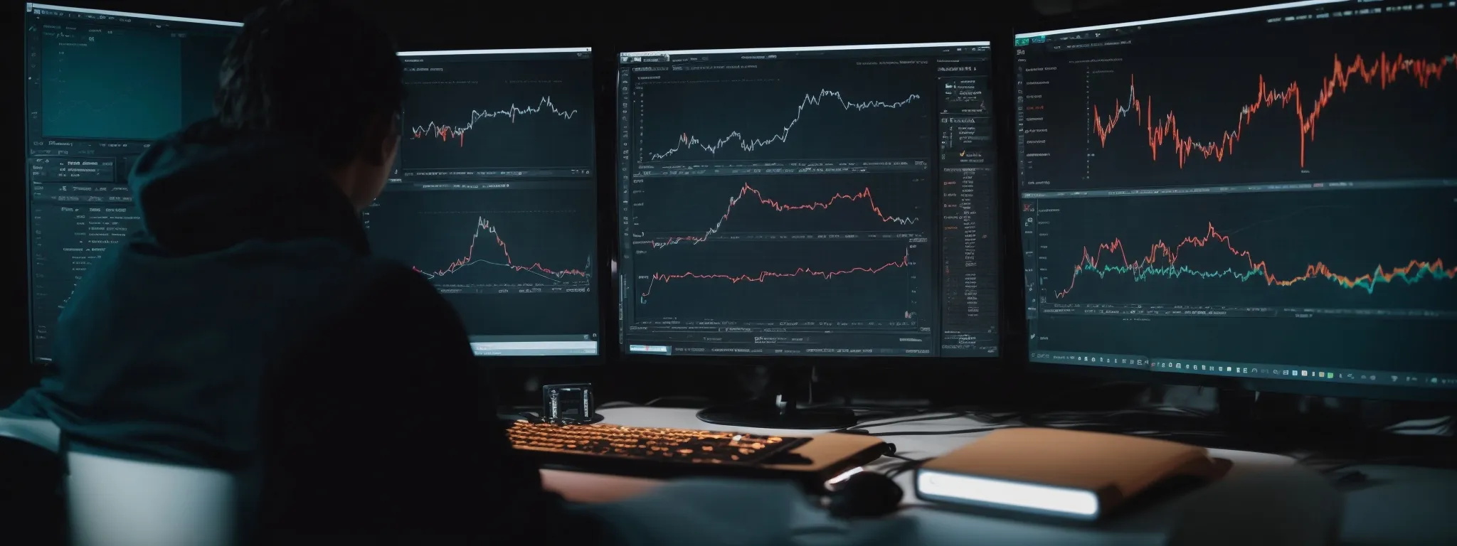 a person using a computer to analyze twitter analytics and strategy graphs for seo optimization.