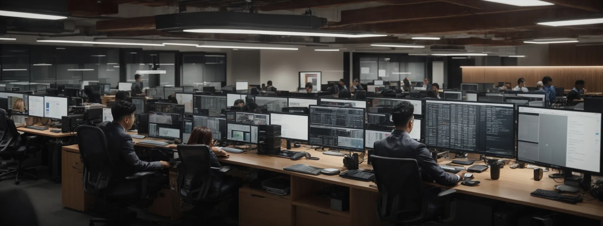 Large modern office with multiple employees working at desks, each equipped with several computer monitors displaying data and charts.