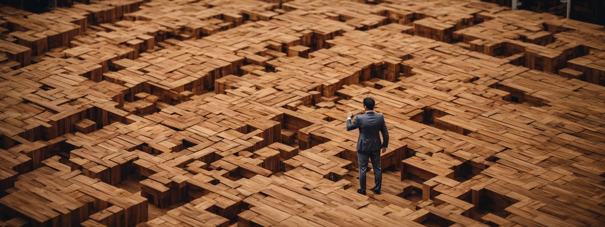 a strategist stands in front of a vast, interlocking wooden puzzle that symbolizes an intricate market segmentation plan.