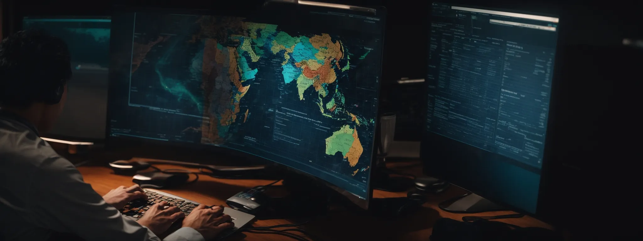 a business person analyzes a heat map on a computer indicating website visitor engagement from different regions.