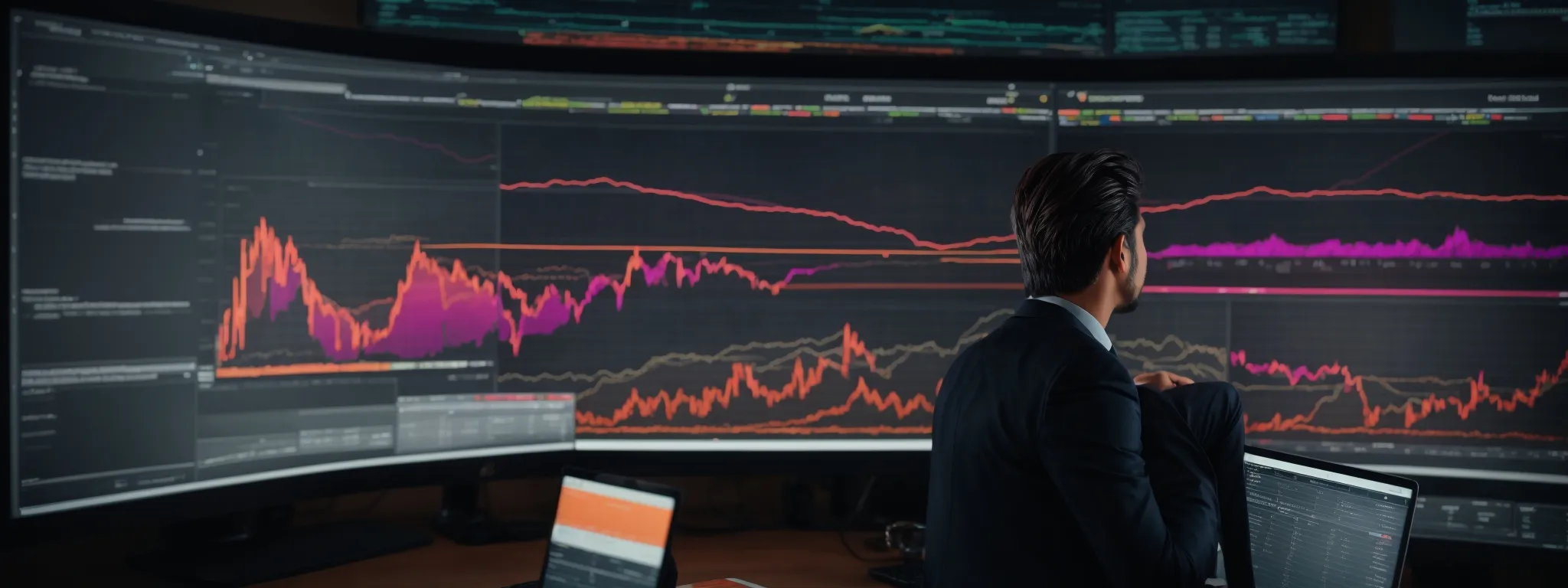 a confident entrepreneur examining a vibrant dashboard on a computer screen, revealing financial analytics and graphs.