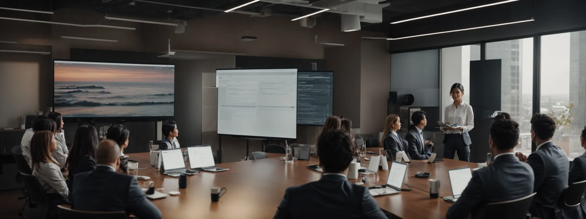 a person giving a presentation to a team in a modern office setting, highlighting a digital marketing campaign on a large screen.