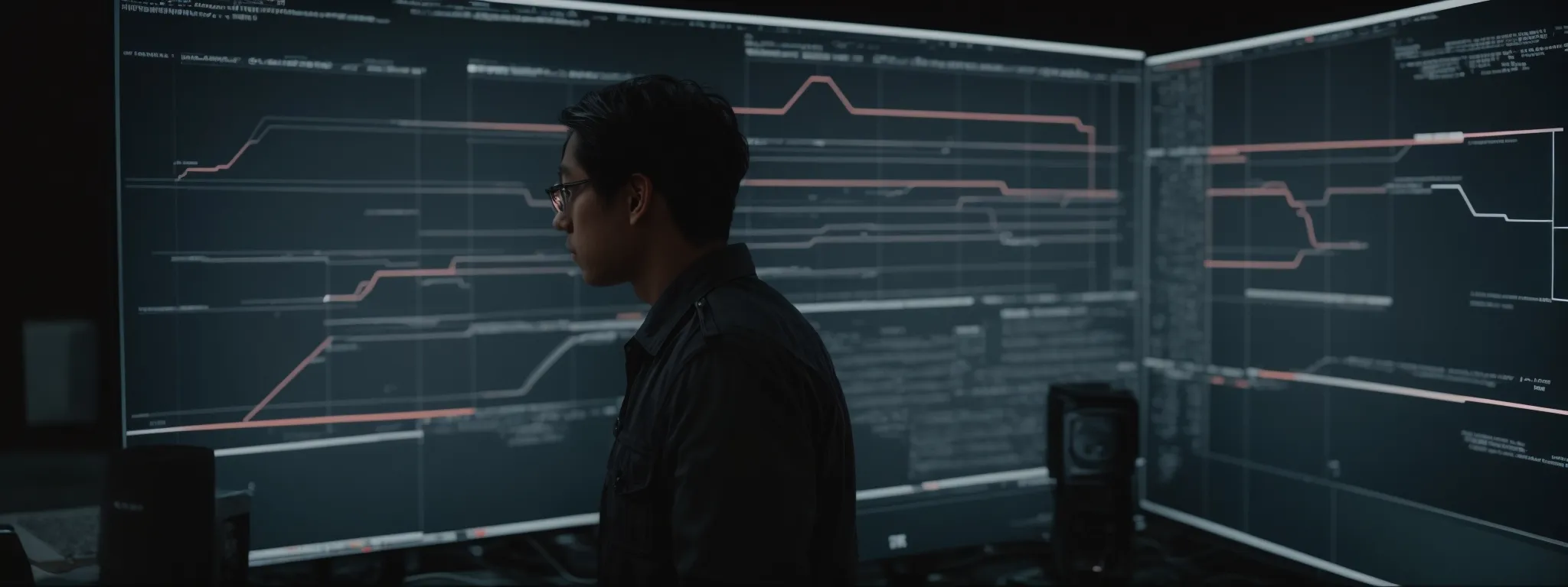 A person stands in front of large computer screens displaying complex graphs and data in a dimly lit room.