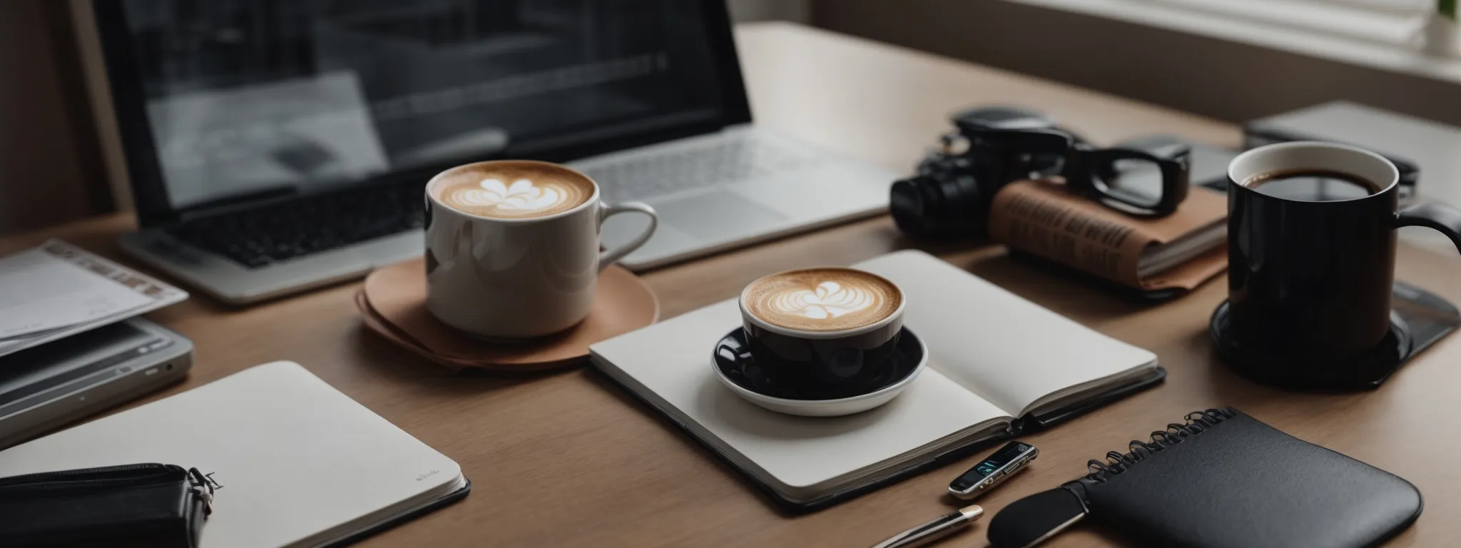 a laptop, notepad, and a coffee cup on an organized desk, suggesting a focus on digital content creation.