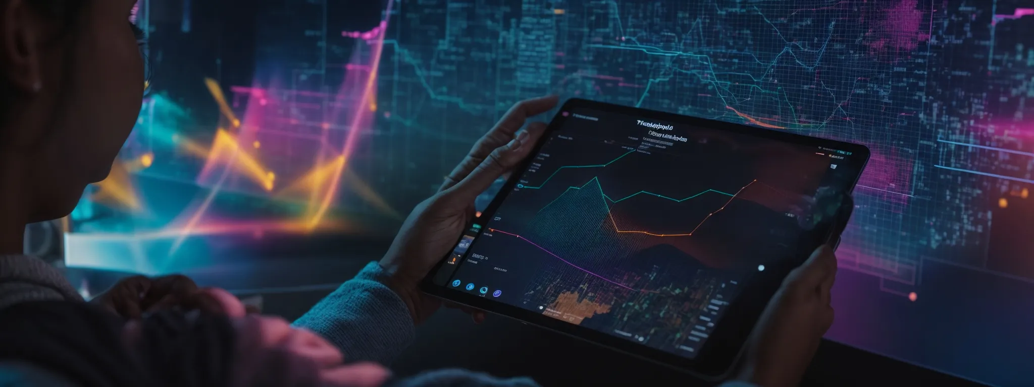 a person tapping on a tablet screen displaying an interactive graph amidst vibrant web elements.