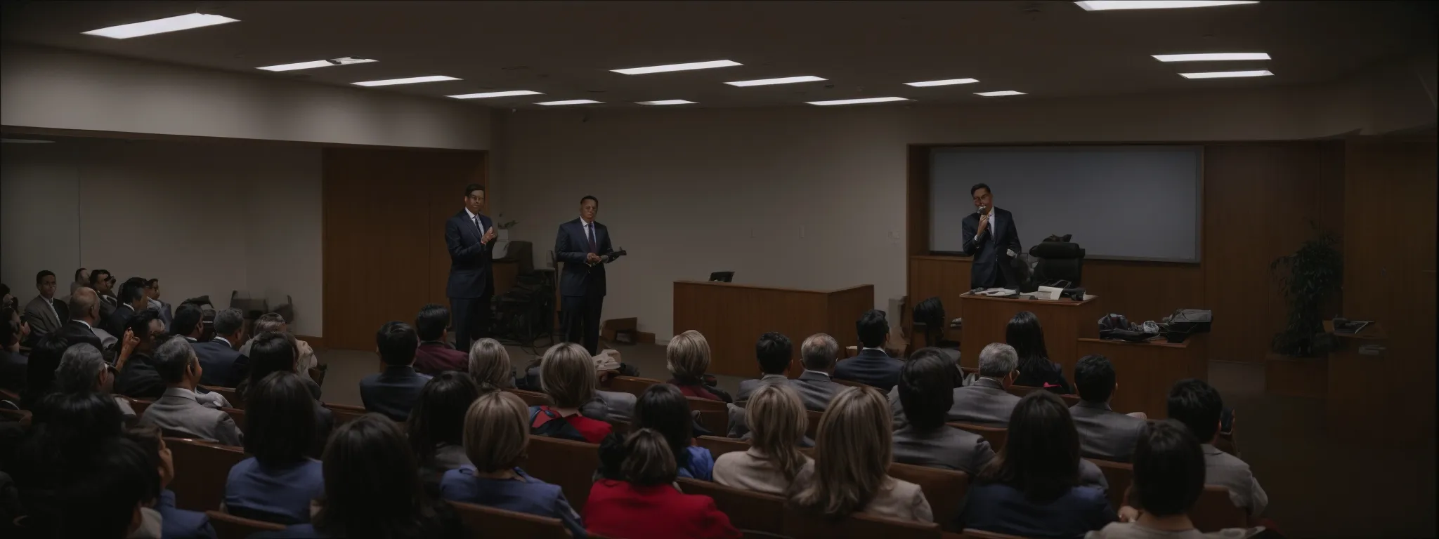 a personal injury attorney giving a seminar to an attentive audience.