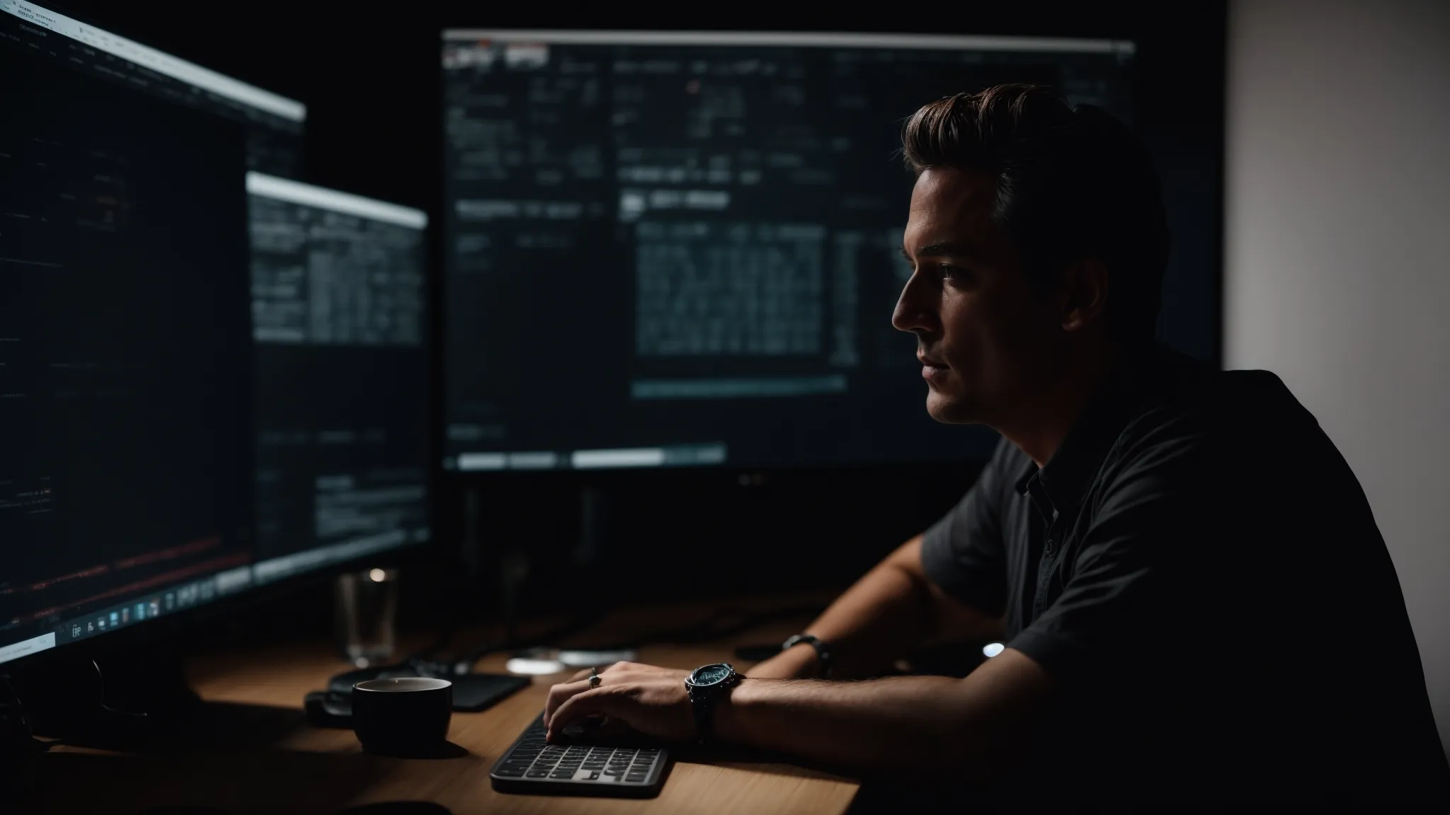john mueller discussing seo strategies in front of a computer with a dark mode website on the screen.